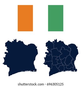 Navy Blue Ivory Coast Map and Flag isolated on white background. Vector illustration eps 10.