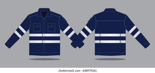 Navy Blue Jacket with Gray Reflective Design on Gray Background. Front and Back Views, Vector File.