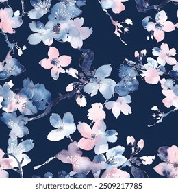 Navy Blue Japanese Cherry Blossoms Kimono Yukata Pink Red Blue Sakura Colorful Seamless Pattern Wallpaper Curtain Bedding Background Upholstery Gift Wrapping Paper Vector 