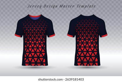 Navy blue jersey with red-to-black triangular gradient, perfect for esports teams, basketball uniforms, or tournament branding. Bold geometric vector template with contrast trim.