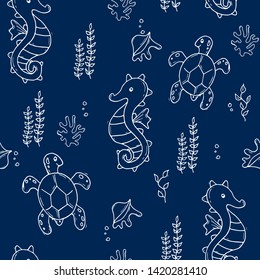 Navy blue jungle seamless sea pattern with seahorse and tartle and shells.