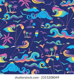 Navy blue Kitesurf Day at the beach with waves seamless pattern on blue background. Seaside vector pattern