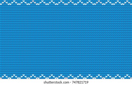 Navy blue knitted fabric background with zig zag border frame and empty copy space for text. Vector illustration, poster, banner, template for greeting card, invitation, flyer. Baby boy backdrop.