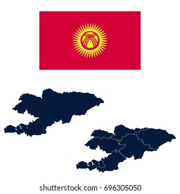 Navy Blue Kyrgyzstan Map and Flag isolated on white background. Vector illustration eps 10.