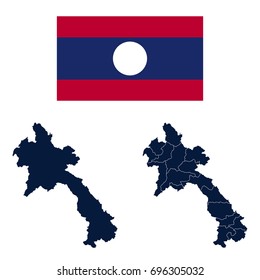 Navy Blue Laos Map and Flag isolated on white background. Vector illustration eps 10.