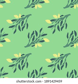 Navy blaue Zitronenzweige und gelbe Fruchtmuster nahtlos. helltürkiser Hintergrund. Flacher Vektordruck für Textilien, Gewebe, Geschenkpapier, Wallpaper. Endlose Illustration.