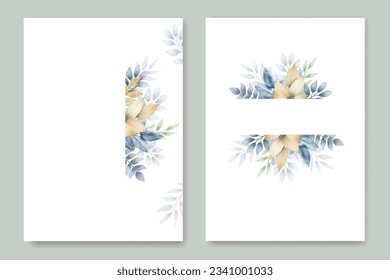 navy blue leaves and gold wedding invitation card watercolor 