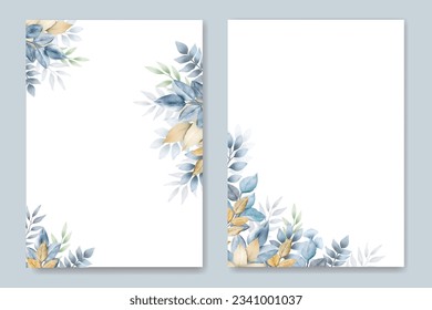 navy blue leaves and gold wedding invitation card watercolor 