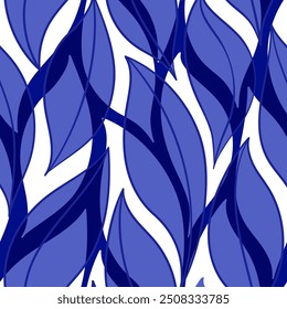 Navy blue leaves seamless vector pattern. color wavy leafs print