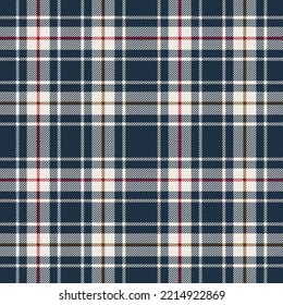 Navy blue and light beige tartan plaid. Scottish pattern fabric swatch close-up. 