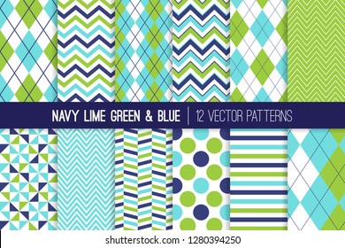 Navy Blue, Lime Green and Aqua Blue Vector Patterns. Argyle, Chevron, Polka Dots, Herringbone, Stripes and Windmill Prints for Baby Boy Theme Decor. Repeating Pattern Swatches Included.