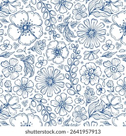 Navy blue line art seamless floral pattern. Hand drawn flowers and leaves in classic toile de jouy style. Engraving botanical ornament. Ink pen texture drawing nature background. Vector illustration.