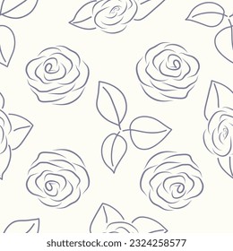 Navy blue line art of these scattered leaves and roses on a creamy-colored background creating a seamless repeat pattern design.