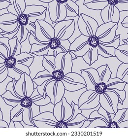 The navy blue line art of this Clematis Ramona seamless repeat pattern design is the featured element on this gray background.