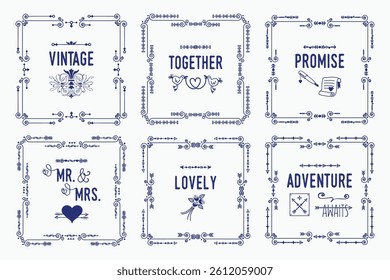 Navy blue line swirl love art deco square border pattern greeting cards frames set with message words and decorative emblem icons on white background