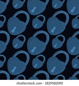 Navy blue lock silhouettes in romantic heart shapes seamless pattern. Stylized love print on black background. Backdrop for wallpaper, textile, wrapping paper, fabric print. Vector illustration