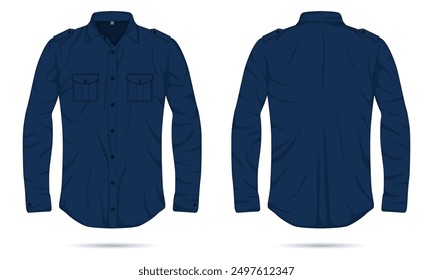 Navy blue long sleeve button down formal shirt template front and back view