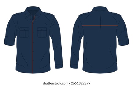 Azul marinho mangas compridas botão para baixo camisa vista frontal e traseira