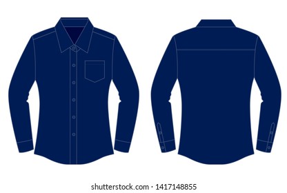 Navy Blue Long Sleeve Dress Shirt With One Pocket For Women Template On White Background.
Front and Back View, Vector File