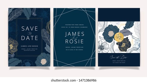 Navy Blue Luxury Wedding Invitation, floral invite thank you, rsvp modern card Design in white flower with  leaf greenery  branches decorative Vector elegant rustic template