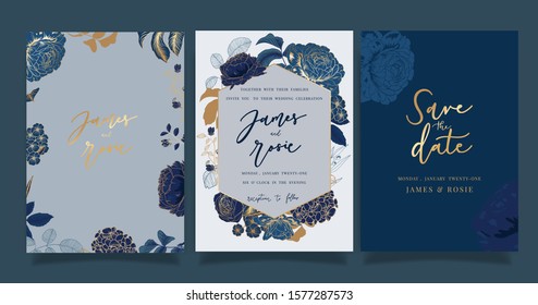 Navy Blue Luxury Wedding Invitation, floral invite thank you, rsvp modern card Design in gold flower with  leaf greenery  branches decorative Vector elegant rustic template