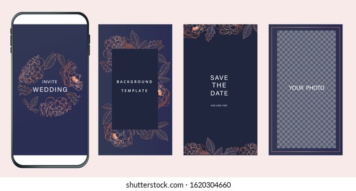 Navy Blue Luxury Wedding Invitation, floral invite thank you, rsvp modern card Design in gold flower  screens template for mobile and social media