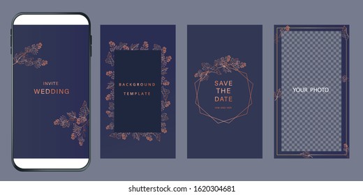 Navy Blue Luxury Wedding Invitation, floral invite thank you, rsvp modern card Design in gold flower screens template for mobile and social media