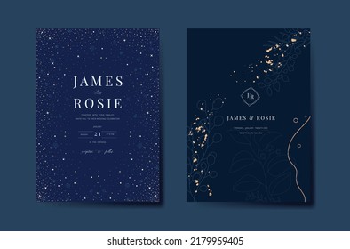 Navy Blue Luxury Wedding Invitation, floral invite thank you, rsvp modern card Design in gold flower with  leaf greenery  branches decorative Vector elegant rustic template