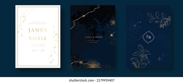 Navy Blue Luxury Wedding Invitation, floral invite thank you, rsvp modern card Design in gold flower with  leaf greenery  branches decorative Vector elegant rustic template