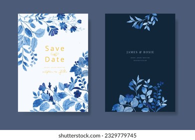 Navy Blue Luxury Wedding Invitation, floral invite thank you, rsvp modern card Design in gold flower with  leaf greenery  branches decorative Vector elegant rustic template