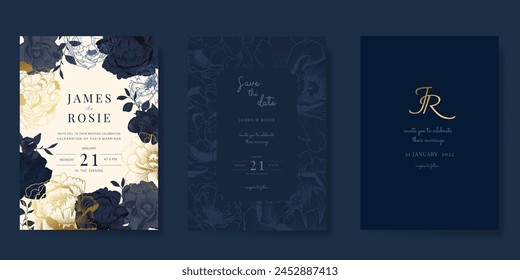 Navy Blue Luxury Wedding Invitation, floral invite thank you, rsvp modern card Design in gold flower with  leaf greenery  branches decorative Vector elegant rustic template