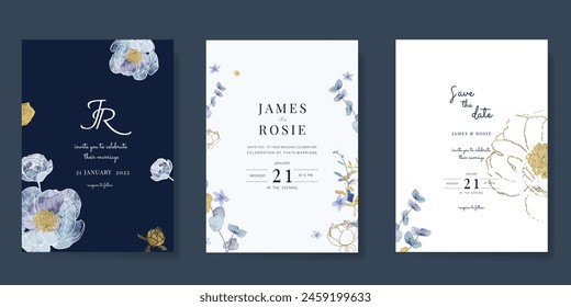 Navy Blue Luxury Wedding Invitation, floral invite thank you, rsvp modern card Design in gold flower with  leaf greenery  branches decorative Vector elegant rustic template