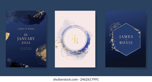 Navy Blue Luxury Hochzeit Einladung, floral einladen danke, rsvp modernes Kartendesign in Goldblume mit Blattgrün Zweige dekorative Vektorgrafik elegante rustikale Vorlage