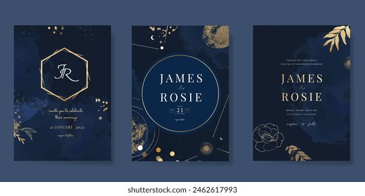 Navy Blue Luxury Wedding Invitation, floral invite thank you, rsvp modern card Design in gold flower with  leaf greenery  branches decorative Vector elegant rustic template