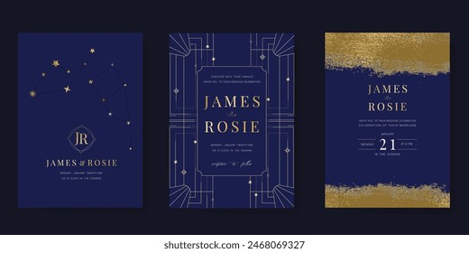 Navy Blue Luxury Wedding Invitation, start invite thank you, rsvp modern card Design in Night sky with  little star moon sun and space decorative Vector elegant rustic template