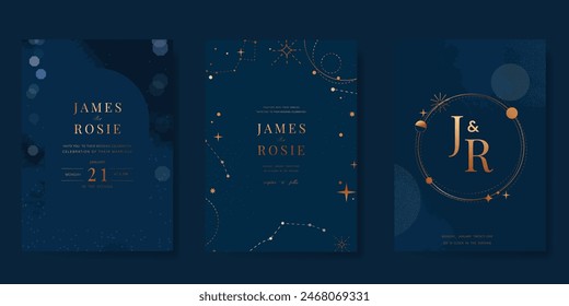 Navy Blue Luxury Wedding Invitation, start invite thank you, rsvp modern card Design in Night sky with  little star moon sun and space decorative Vector elegant rustic template