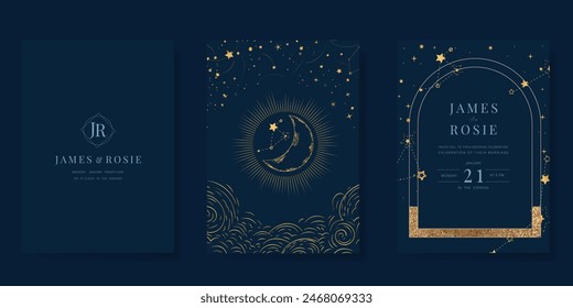 Navy Blue Luxury Wedding Invitation, start invite thank you, rsvp modern card Design in Night sky with  little star moon sun and space decorative Vector elegant rustic template