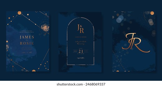 Invitación de Boda de lujo azul marino, inicio de invitación gracias, rsvp tarjeta moderna Diseño en cielo nocturno con pequeña estrella luna sol y espacio decorativo Vector elegante Plantilla rústica