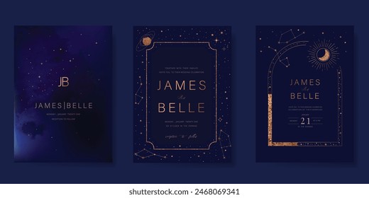 Navy Blue Luxury Wedding Invitation, start invite thank you, rsvp modern card Design in Night sky with  little star moon sun and space decorative Vector elegant rustic template