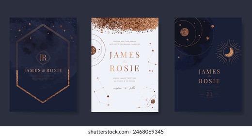 Navy Blue Luxury Wedding Invitation, start invite thank you, rsvp modern card Design in Night sky with  little star moon sun and space decorative Vector elegant rustic template