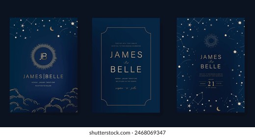 Navy Blue Luxury Wedding Invitation, start invite thank you, rsvp modern card Design in Night sky with  little star moon sun and space decorative Vector elegant rustic template