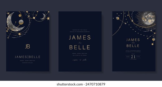 Navy Blue Luxury Wedding Invitation, start invite thank you, rsvp modern card Design in Night sky with  little star moon sun and space decorative Vector elegant rustic template