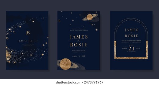 Navy Blue Luxury Wedding Invitation, start invite thank you, rsvp modern card Design in Night sky with  little star moon sun and space decorative Vector elegant rustic template