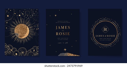 Navy Blue Luxury Wedding Invitation, start invite thank you, rsvp modern card Design in Night sky with  little star moon sun and space decorative Vector elegant rustic template