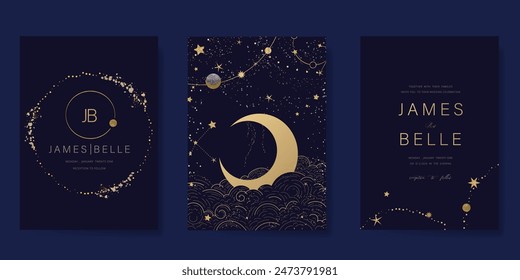 Navy Blue Luxury Wedding Invitation, start invite thank you, rsvp modern card Design in Night sky with  little star moon sun and space decorative Vector elegant rustic template