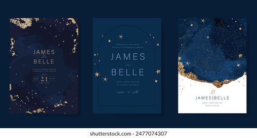 Navy Blue Luxury Wedding Invitation, start invite thank you, rsvp modern card Design in Night sky with  little star moon sun and space decorative Vector elegant rustic template