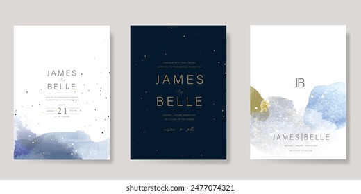 Navy Blue Luxury Wedding Invitation, start invite thank you, rsvp modern card Design in Night sky with  little star moon sun and space decorative Vector elegant rustic template