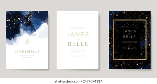 Navy Blue Luxury Wedding Invitation, start invite thank you, rsvp modern card Design in Night sky with  little star moon sun and space decorative Vector elegant rustic template