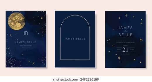 Navy Blue Luxury Wedding Invitation, start invite thank you, rsvp modern card Design in Night sky with  little star moon sun and space decorative Vector elegant rustic template