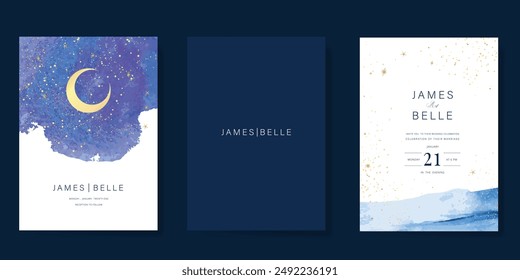 Navy Blue Luxury Wedding Invitation, start invite thank you, rsvp modern card Design in Night sky with  little star moon sun and space decorative Vector elegant rustic template